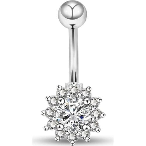 14G Surgical Steel Belly Button Rings Clear Flower Cubic Zirconia Navel Rings