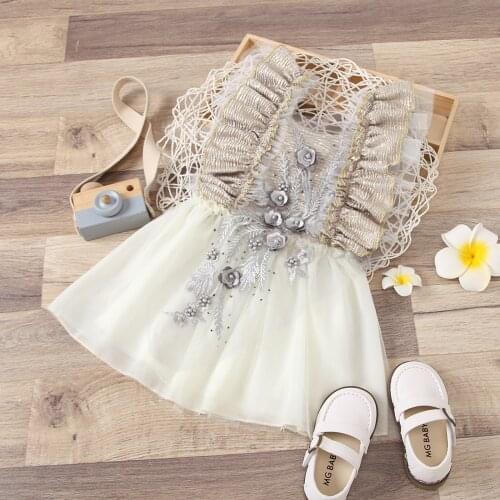 40# Summer Dress 2021 Infant Baby Girls Ruffle Embroider Bead Patchwork Sleeveless Tulle Dress Baby Girl Princess Dresses