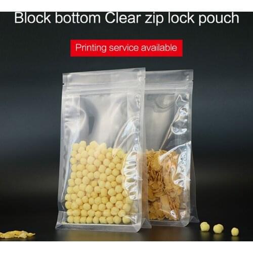 Block bottom stand up pouch with zipper clear plastic laminated zip lock flat bottom quad seal rice seed food packaging bag