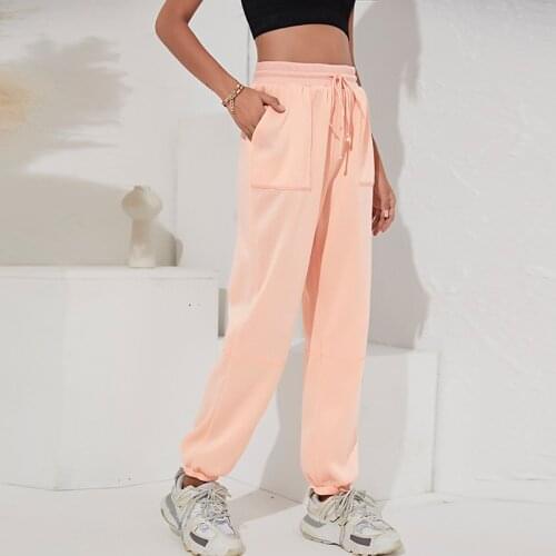 Women Drawstring Elastic Waist Cargo Pant Autumn Winter New Solid Casual Loose Simple High Waist Pocket Sport Trouser Streetwear