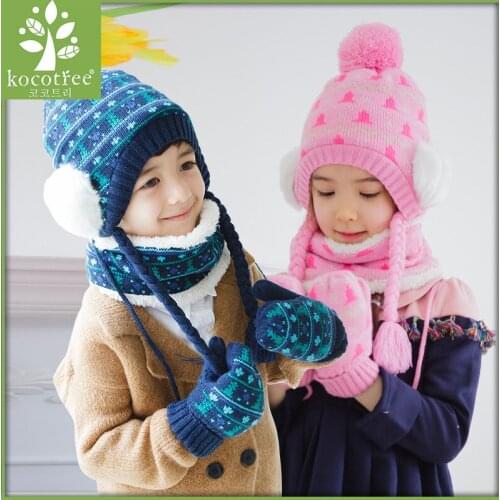 Children Winter Warm Hat Scarf Gloves 3pcs Ear Protection Hats BoysGirls Winter Beanie Hats Head Wear Children Pompom Hat B-8756