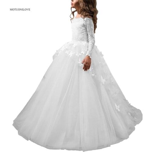 Vestidos De Primera Comunion 2019 Pink Long Sleeves Kids Princess Long Party Dress For Girls Costume For 2 3 4 5 6 7 8 13 Years