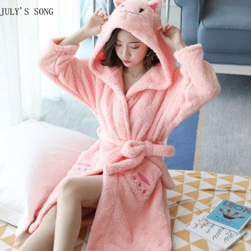 JULYS SONG Flannel Sleepwear Robe Winter Thick Warm Homewear Women Nightgown Pajamas Bathrobe For Female Soft Cute Nightwear