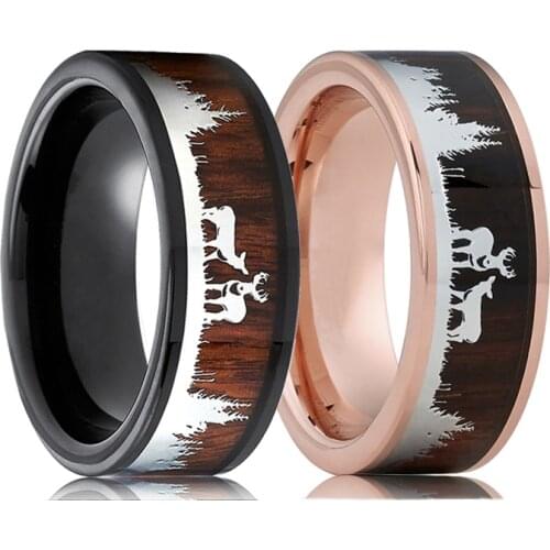 8MM Black Tungsten Carbide Ring For Men Women Koa Wood Inlay Deer Stag Hunting Silhouette Ring Wedding Band Jewelry Fo Man