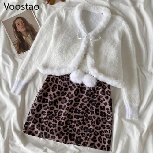 Spring Autumn Cute Skirt Sets Korean Women Sweet Plush Balls V-Neck Sweater Leopard Print Mini Skirts Suit Girl Sexy 3 Piece Set