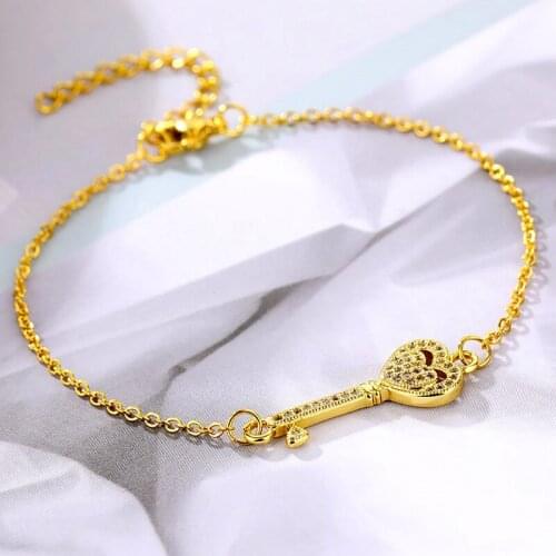 Cubic Zircon Shine key Bracelets For Women Gold Plated Stainless Steel Chain Wristband Girlfriend Wife Womens Luxury Jewelry