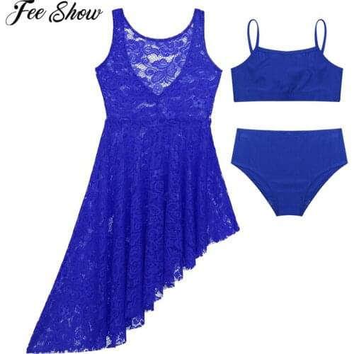 Fashion Kids Teens Lyrical Dance Costumes Set Girls Ballet Tutu Floral Lace Dress Gymnastics Shorts Tops Dress Suit Dance Wear