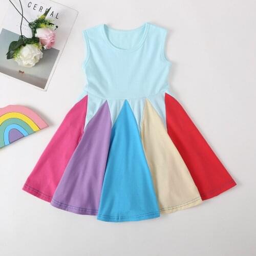 New Summer Baby Girls Clothes Fashion Rainbow Short Sleeve Cotton Color Block Cute Party Dresses for Kids Princess Girls Dress