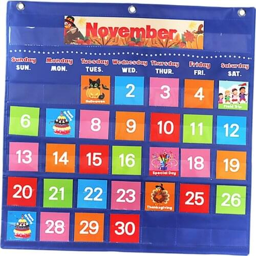 Learning Calendar Pocket Chart Illustrated Cards Day Week Monthly Chart Wall Hanging for Kids Educational Classroom Supplies