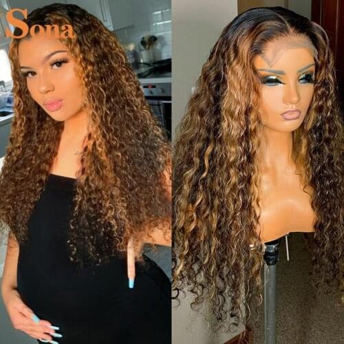 Blonde Highlight Wig Glueless Curly Human Hair Wig Brazilian Remy Ombre Brown Lace Frontal Wig for Women