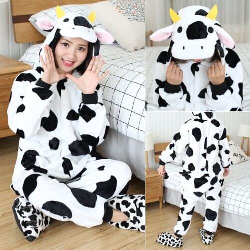 Cute Cartoon Cow Onesies Flannel Long Sleeve Pajamas Kigurumi Unisex Animal Sleepwear