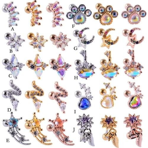Gold/Silver/Rose Gold Color Tragus Cartilage Stainless Steel Stud Pierced Crystal Earring Cute Girl Jewelry Gift
