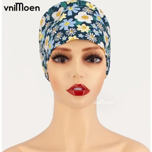 Women Print Scrub Hat Scrubs Cap Nursing Work Skull Caps 100% Cotton Dental Working Headwear Chef Cooking Hats Dust-Proof Cap