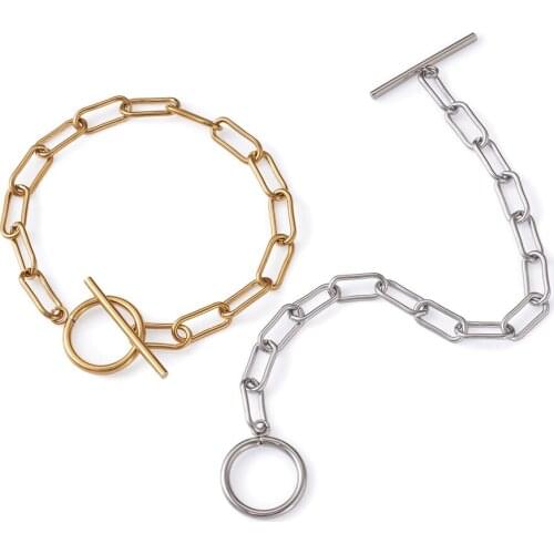 Spritewelry 4pcs Steel Paperclip Chain Bracelets Metal Flat Oval OT Buckle Link Chains 8-7/8 inches for Women Jewelry Gift