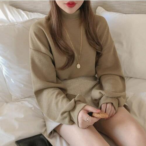 Korean Autumn Winter Turtleneck Hoodies Women Sweatshirts Lantern Sleeve Loose Vestidos Streetwear Pull Femme Casual Hoodies