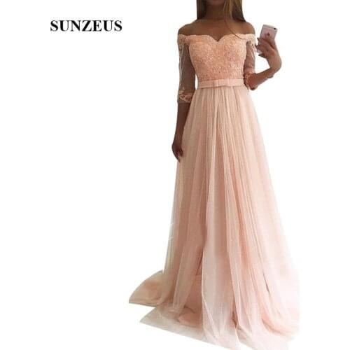 A-Line Sweetheart Off Shoulder Bridesmaid Dresses Long Pink Tulle Wedding Party Gowns With Appliques Sequins bridemaid dress