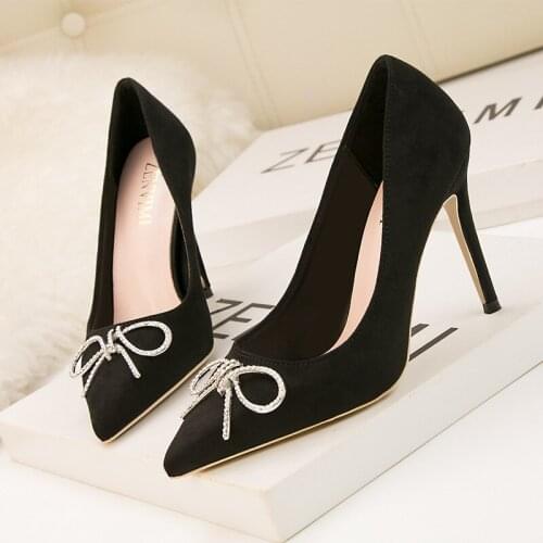 10CM PUMPS Fashion slim shallow mouth pointed high heel metal rhinestone buckle bow single shoes sweet high heels
