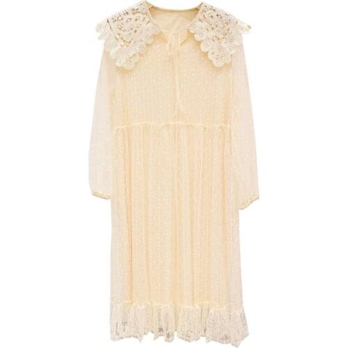 PERHAPS U Spring Autumn Pink Beige Loose Square Collar Long Sleeve Mesh Knee Length Dress Lace D1010