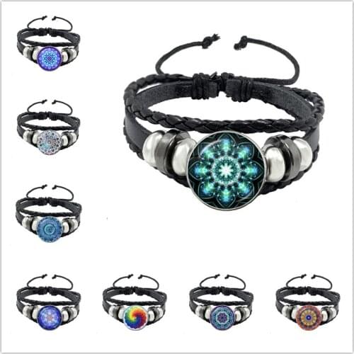 Vintage Om Yoga Chakra Mandala Snap Button Bracelets Classic Flower of Life Tree Adjutable Leather Bangle Wristband Jewelry Gift