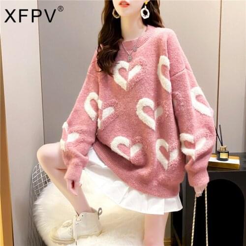XFPV 2021 Autumn Winter New Arrivals Y2k Long Sleeve Temperament Embroidered Loose Pullover Sweater Women SM195