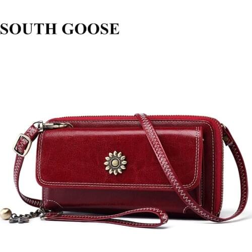 SOUTH GOOSE Women Genuine Leather Wallets Female Long Clutch Wallets For Phone/Cards Multi-functional Business Purse Money Bag
