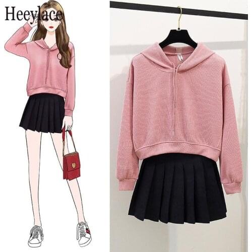 Casual Hoodies 2 Piece Set Women 2019 new Korean Crop Tops 2 Piece Outfits Sweatshirt Student Pleated Mini Skirt Set Girl Suits