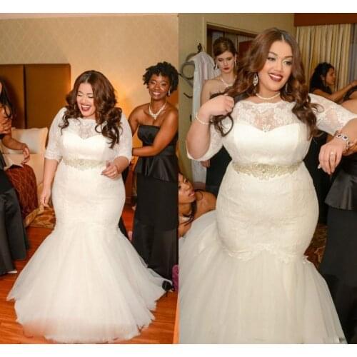 Plus Size Mermaid Wedding Dresses With Sashes Beaded Sheer Scoop Neck half sleeve Appliqued Backless Bridal Gowns Custom Made