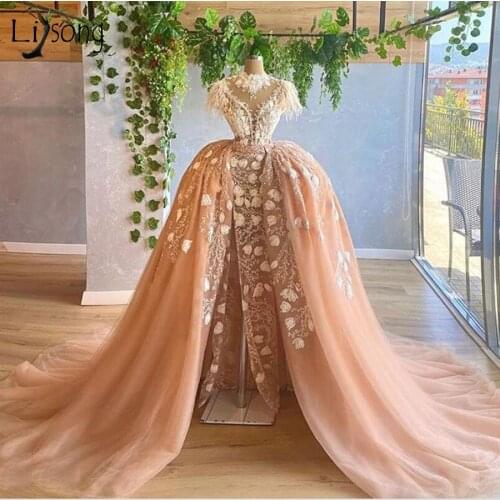 Real Image Champagne Floral Lace Mermaid Evening Dresses With Detachable Train Sexy Feather Split Prom Gowns Robe De Soiree 2020