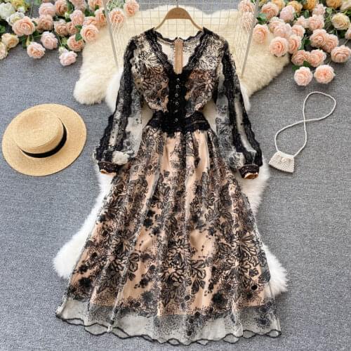 T740 Women Fashion Palace Spring Autumn Retro Embroidery Lace Long Sleeve A-line Dress Vintage Elegant Clothes Party Vestidos