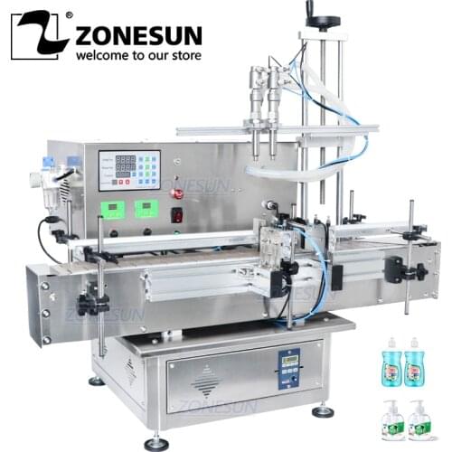 ZONESUN Desktop Automatic Gel Juice Liquid Shampoo Double Heads Filling Machine Beverage Bottle Filler With Chain Conveyor