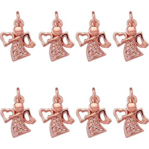 10pc Environmental Brass Micro Pave Cubic Zirconia Angel Charm Pendant with Rhinestone for Jewelry Making Diy Bracelet Rose Gold