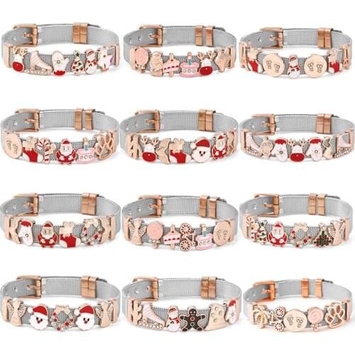 30 Christmas Style Stainless Steel Mesh Bracelet DIY Santa Claus Snowman Slide Beads Charm Bracelets For Women Kids Xmas Jewelry