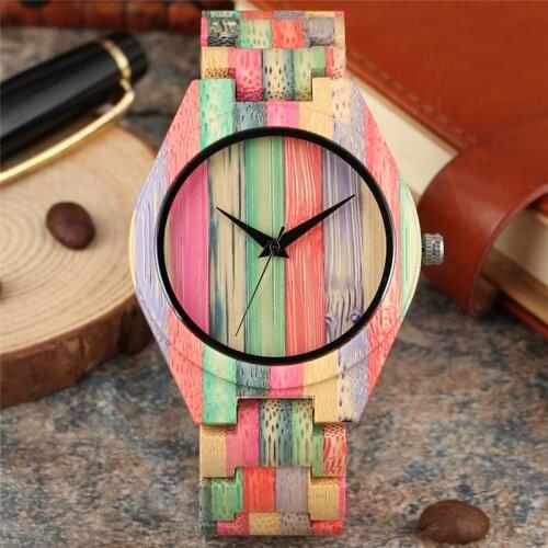 Multicolor Delicate Bamboo Man Bracelet Clock Round Dial Quartz Analog Movement Wrist Watches Full Wooden Bangle Strap Present