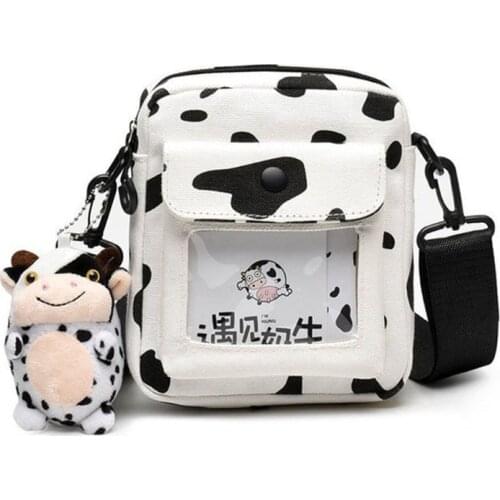 Harajuku Cow Pattern Canvas Bag Women Shoulder Messenger Transprant Crossbody Bags with Cute Pendant