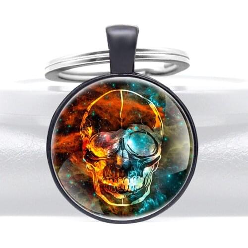 Classic Galaxy Skull Glass Cabochon Black Pendant Key Chain Charm Men Women Steampunk Jewelry Gifts Key Ring