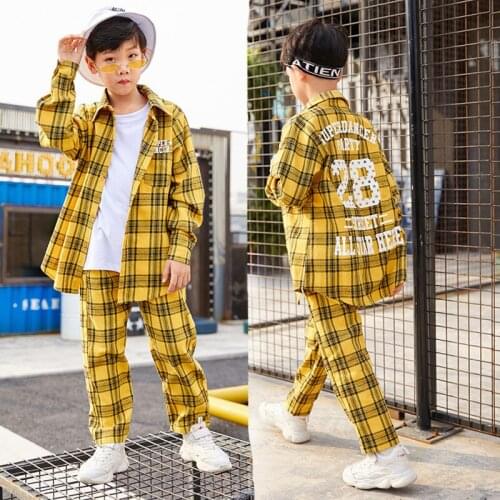 2019 New Children Hip-hop Street Dance Performance Costume Autumn Boys Girls Loose Jazz Dance Show Yellow Plaid Shirt Pants Set