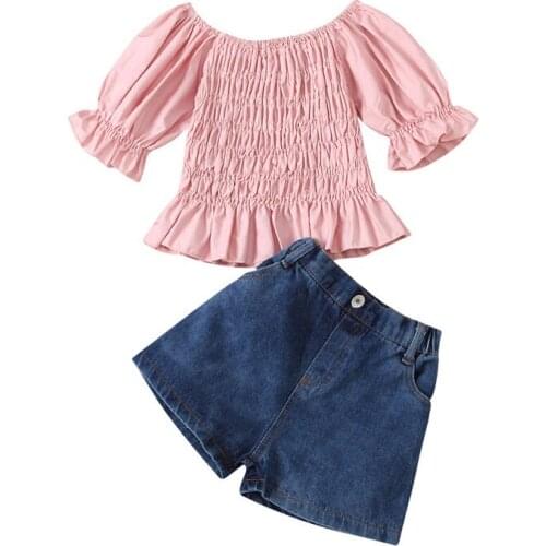 2021 Summer Girls Clothes Outfits Solid Color Boat Neck Ruffles T-shirt and Denim Short Pants Girls Children Clothing Sets