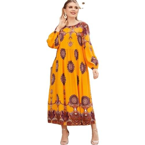 Muslim Traditional Print Loose Waist Dress Long Sleeve Round Neck Yellow Terylene Abaya Middle East Abaya For Woman Large Size