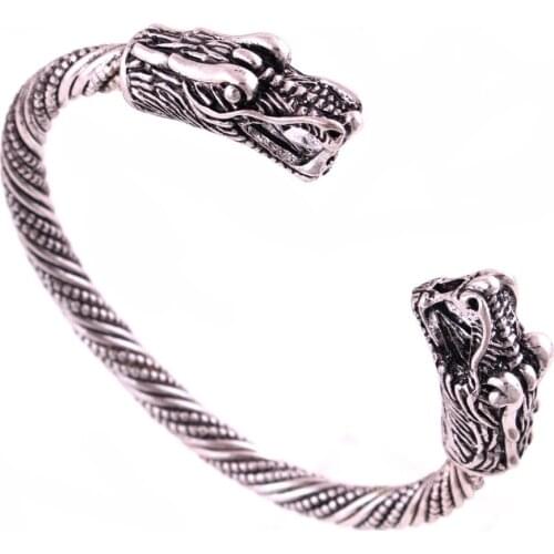 Norse Viking Mjolnir Dragon Head Twisted Cable Bangle Cuff Bracelet Pagan Jewelry