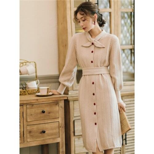 2019 new fashion womens French vintage knit dress thick warm