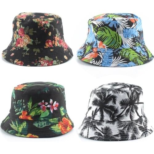 2021 New Fashion Summer Coconut Tree Flower Printed Fisherman Caps Panama Bucket Hat Reversible Gorro Pescador Men Women