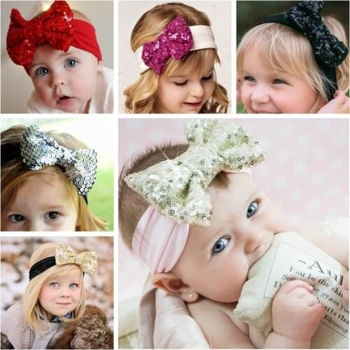 Infantile Girls Big Sequin Bow Headbands For Kids 2018 Solid Elastic Hair Band Large Gold Glitter Hair Bow Hair Accessories