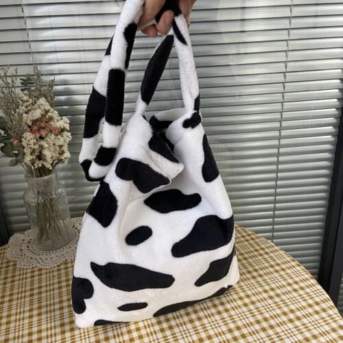 Simple Soft Plush Ladies Shoulder Bag Design Cow Pattern Female Large Crossbody Bags Winter Cute Women Furry Purse Tote Handbags