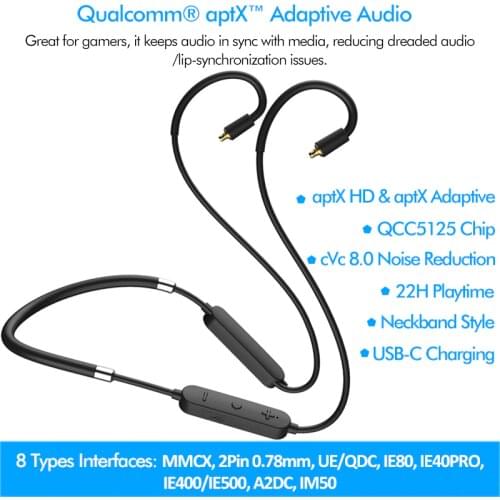 QCC5125 aptX Adaptive Audio Bluetooth Cable MMCX 2PIN A2DC Earphone Line aptX HD Wireless Headset Cord IE40PRO IE8 IM QDC IE500