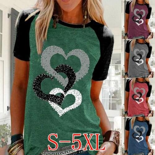 Plus Size S-5XL Women Casual Raglan Sleeve Shirts Heart Printed Crew Neck Ladies Fashion Loose T-shirt Short Sleeve Blouse Tops