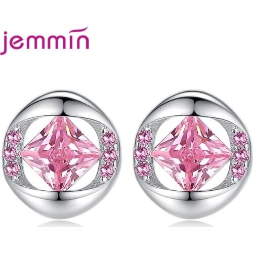Real 925 Sterling Silver Cubic Zirconia Stud Earrings Pink Clear Austrian Crystal Zircon for Women Girl Ear Brincos Jewelry