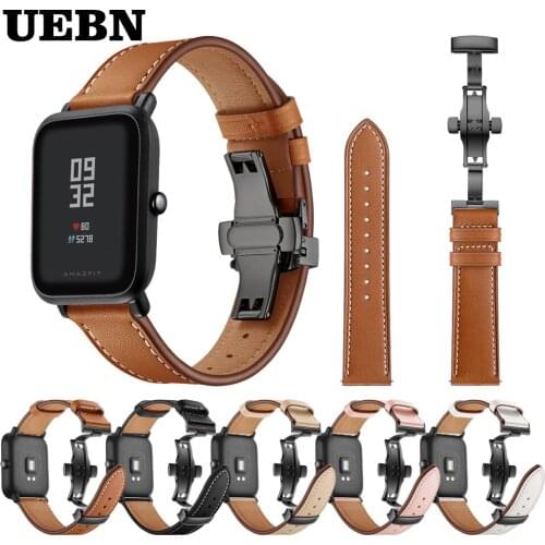 UEBN 20mm Black Butterfly clasp Leather strap for Xiaomi huami amazfit bip GTS GTR 42mm band for Samsung Gear 2 sport Watchband