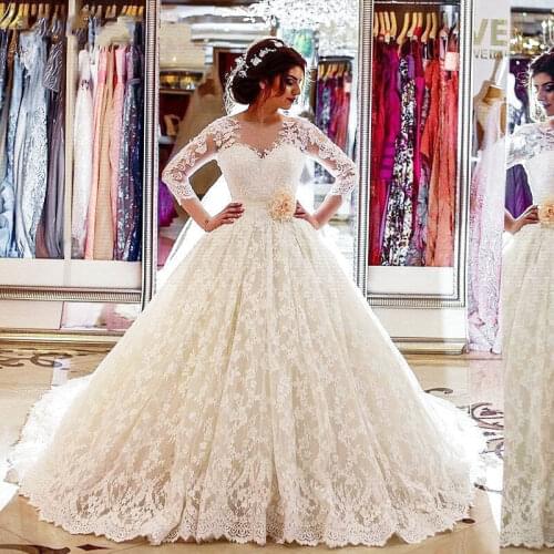 Luxurious V Neck Long Sleeve White Ivory lace Wedding dresses Bridal Gown Ball Gown Vestido de Noiva 20120 Match petticoat