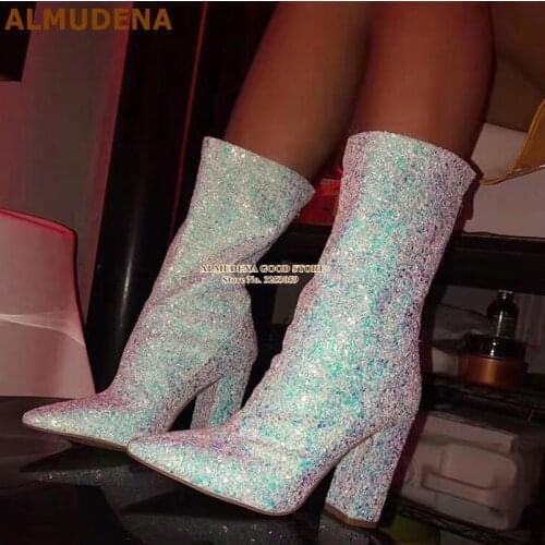 ALMUDENA Silver Bling Bling Mid-calf Boots Chunky Heels Pointed Toe Wedding Shoes Glitter Paillette Sequined Dress Boots Pumps