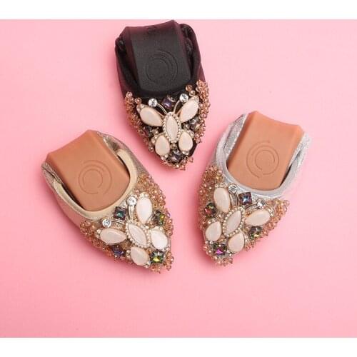String Beaded roll-up foldable shoes pregnant pointed flats moccasins ladies girls elegant dancing shoes autumn plus size ballet